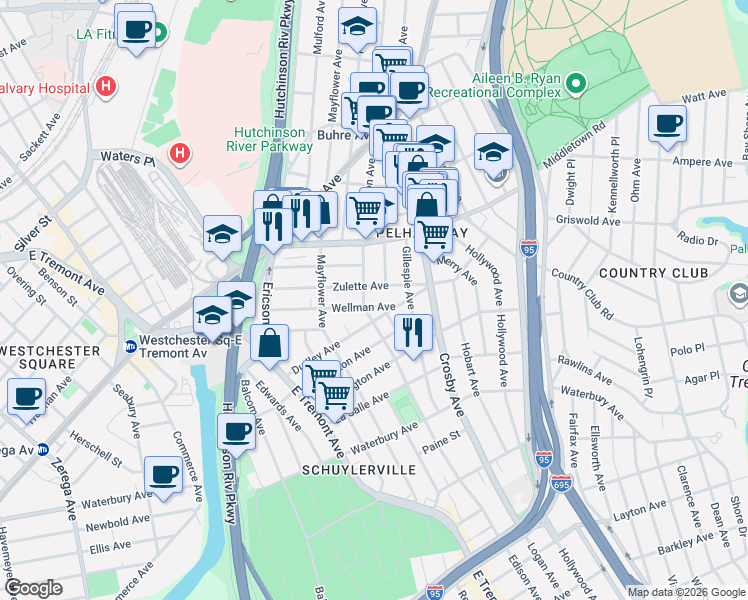 map of restaurants, bars, coffee shops, grocery stores, and more near 2900 Zulette Avenue in Bronx