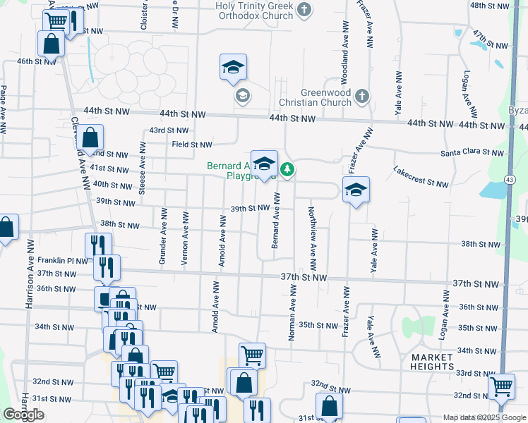 map of restaurants, bars, coffee shops, grocery stores, and more near 833 39th Street Northwest in Canton