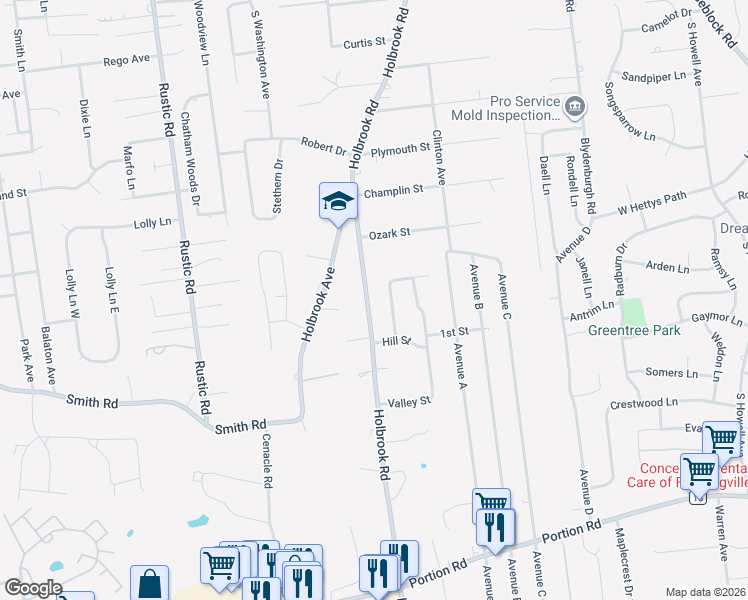 map of restaurants, bars, coffee shops, grocery stores, and more near 359 Holbrook Road in Lake Ronkonkoma