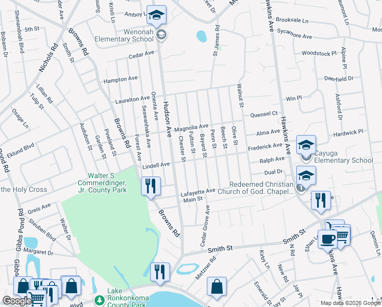map of restaurants, bars, coffee shops, grocery stores, and more near 38 Cedar Street in Ronkonkoma