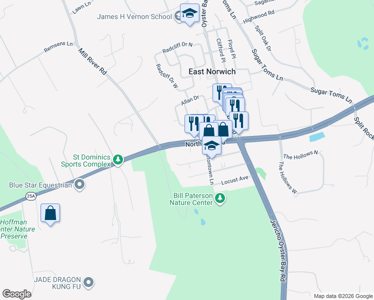 map of restaurants, bars, coffee shops, grocery stores, and more near 6212 Northern Boulevard in East Norwich