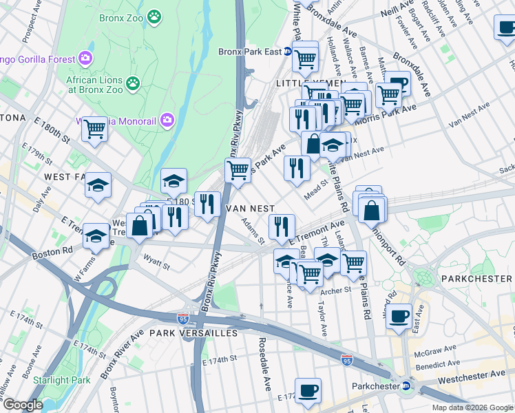 map of restaurants, bars, coffee shops, grocery stores, and more near in The Bronx