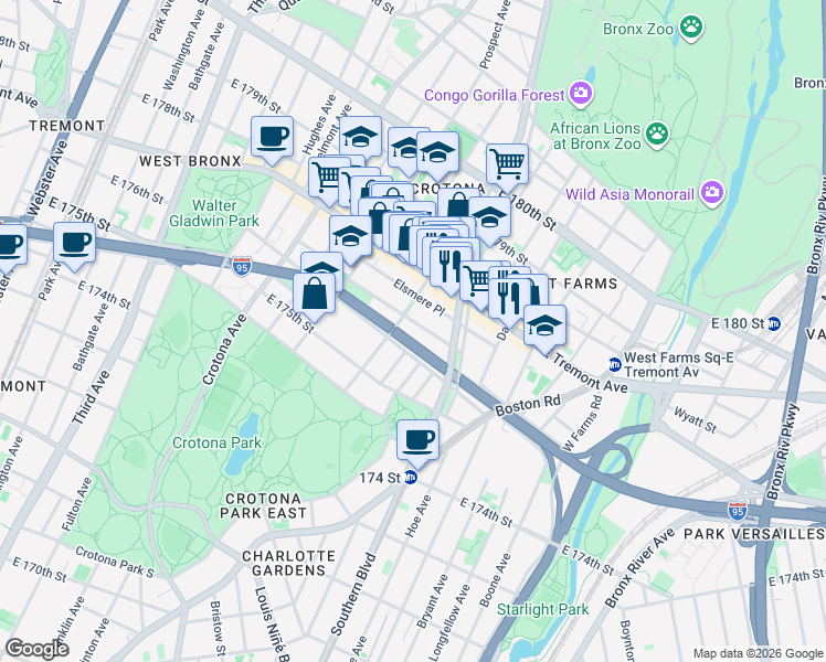map of restaurants, bars, coffee shops, grocery stores, and more near 867 Fairmount Place in The Bronx