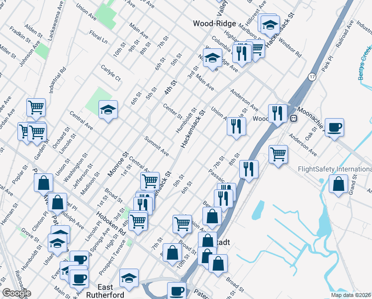 map of restaurants, bars, coffee shops, grocery stores, and more near 6 Hackensack Street in Wood-Ridge