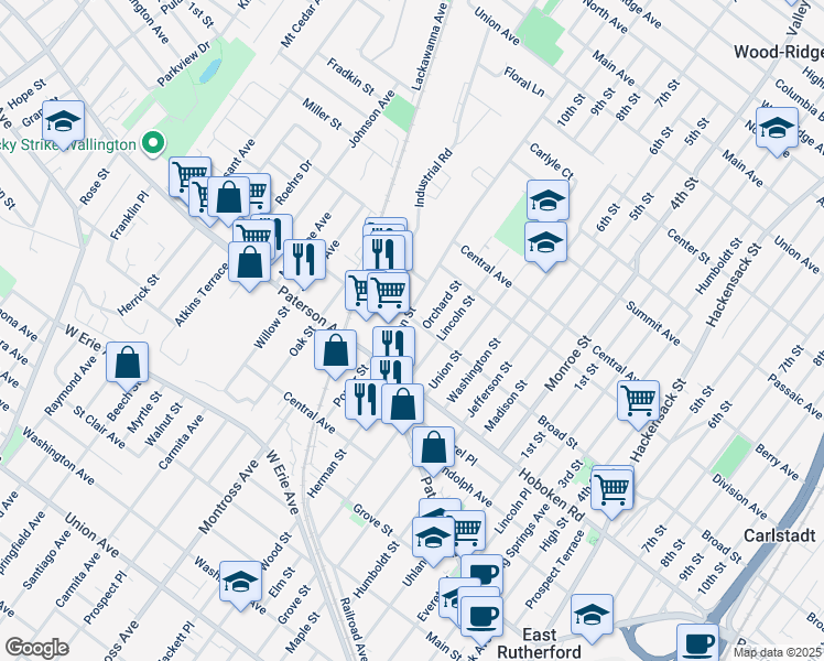 map of restaurants, bars, coffee shops, grocery stores, and more near 630 Broad Street in Carlstadt