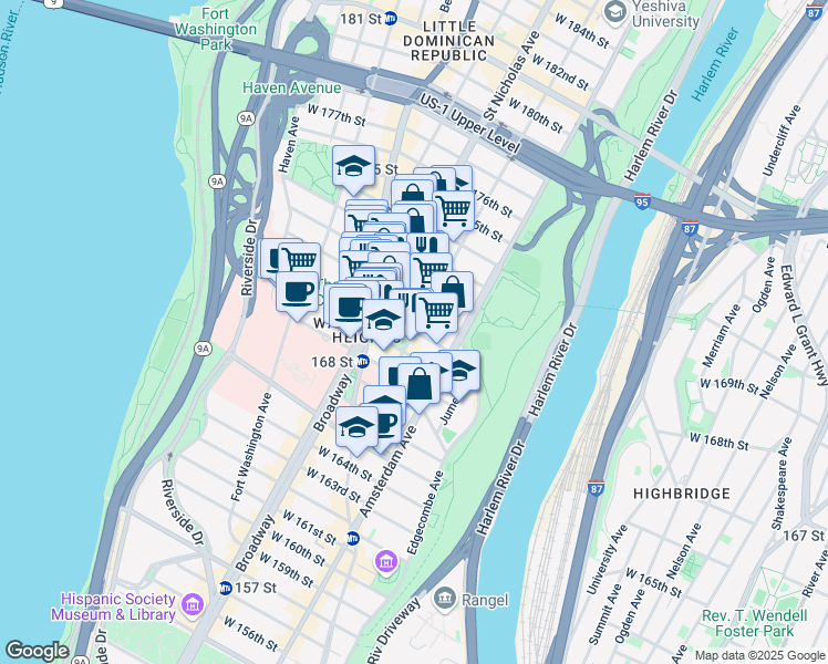 map of restaurants, bars, coffee shops, grocery stores, and more near Audubon Ave & W 170th St in New York