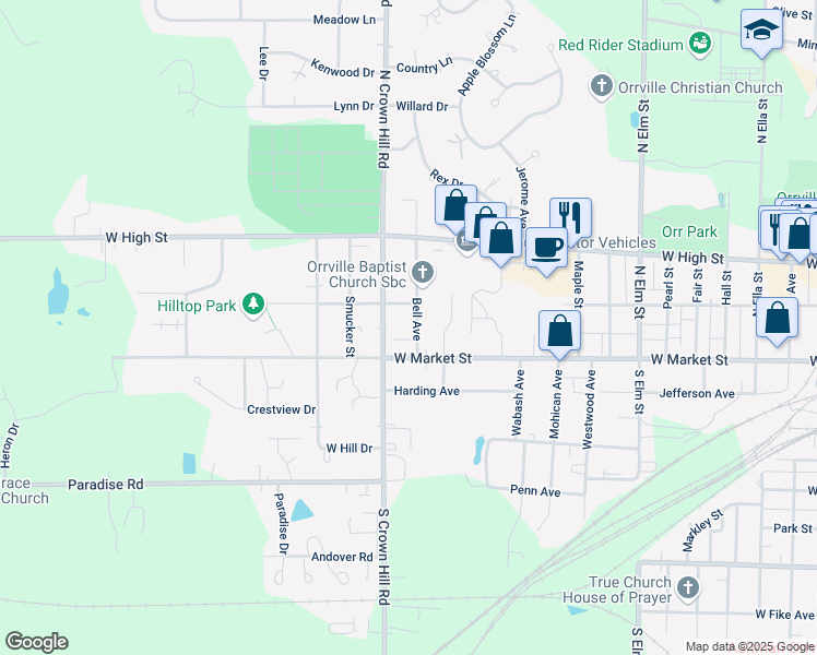 map of restaurants, bars, coffee shops, grocery stores, and more near 138 Bell Avenue in Orrville