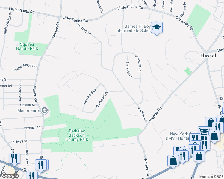 map of restaurants, bars, coffee shops, grocery stores, and more near 5 Bunkerhill Drive in Huntington