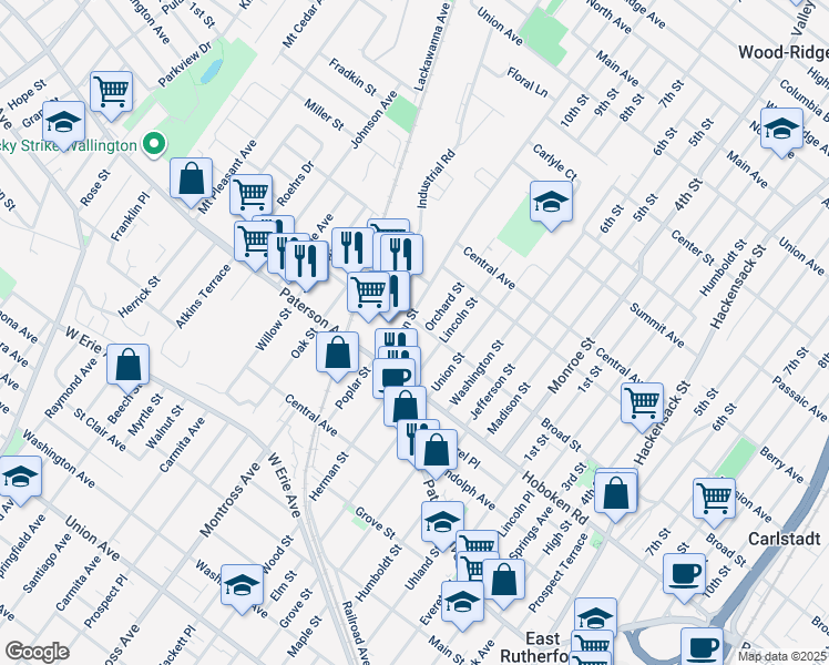 map of restaurants, bars, coffee shops, grocery stores, and more near 630 Broad Street in Carlstadt