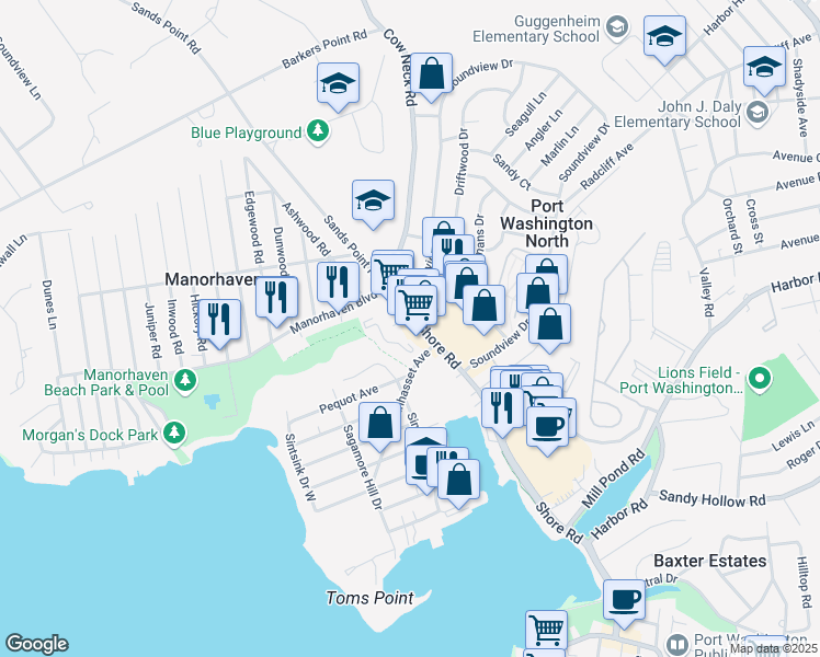 map of restaurants, bars, coffee shops, grocery stores, and more near 128 Shore Road in Port Washington