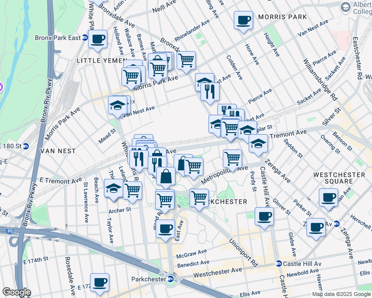 map of restaurants, bars, coffee shops, grocery stores, and more near 2040 East Tremont Avenue in Bronx