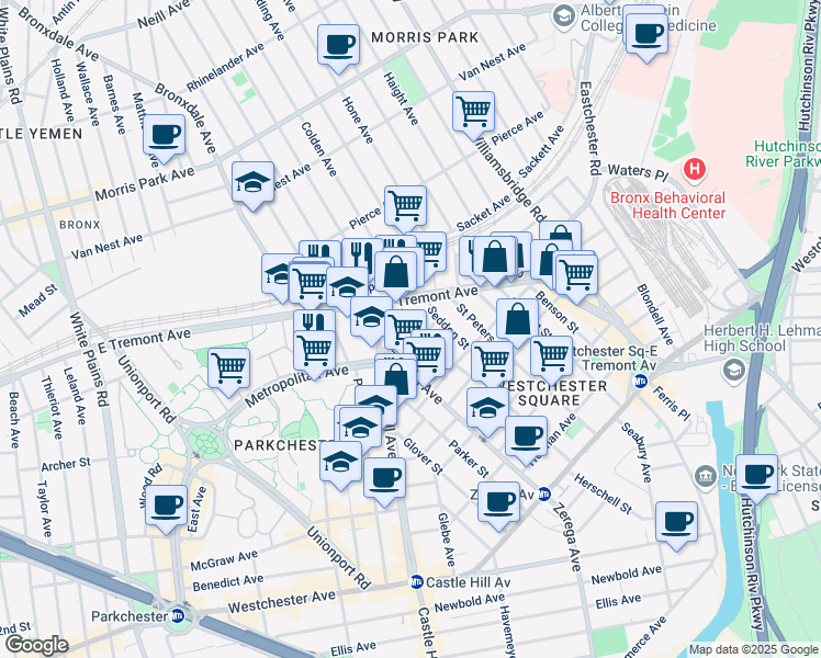 map of restaurants, bars, coffee shops, grocery stores, and more near 2431 Lyvere Street in The Bronx