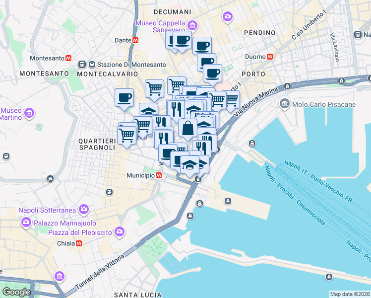 map of restaurants, bars, coffee shops, grocery stores, and more near 129 Via Agostino Depretis in Naples