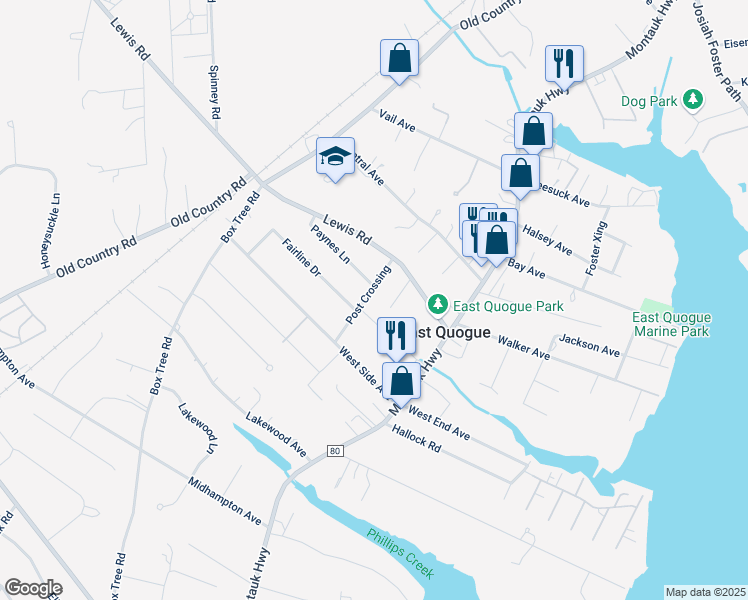 map of restaurants, bars, coffee shops, grocery stores, and more near 6 Post Crossing in East Quogue