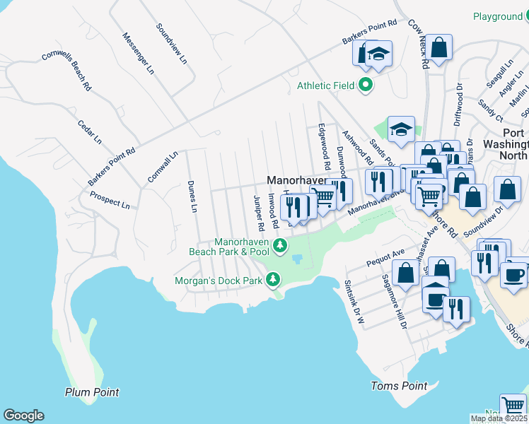 map of restaurants, bars, coffee shops, grocery stores, and more near 27 Juniper Road in Port Washington