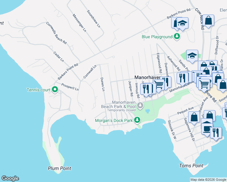 map of restaurants, bars, coffee shops, grocery stores, and more near 24 B Linwood Road North in Sands Point