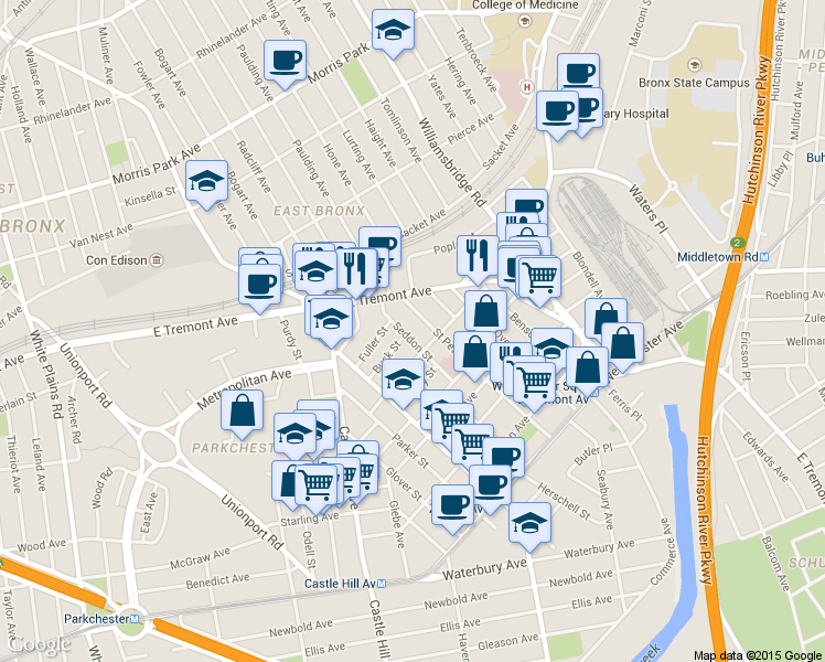 map of restaurants, bars, coffee shops, grocery stores, and more near 1717 Saint Peters Avenue in Bronx