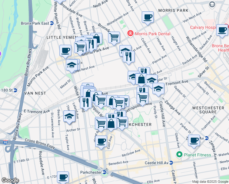 map of restaurants, bars, coffee shops, grocery stores, and more near 2137 East Tremont Avenue in Bronx