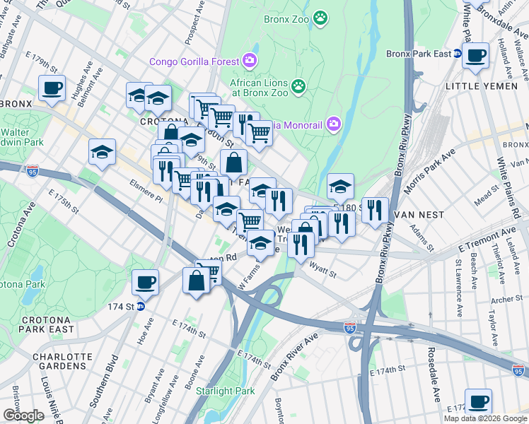 map of restaurants, bars, coffee shops, grocery stores, and more near 7 West Farms Square Plaza in The Bronx