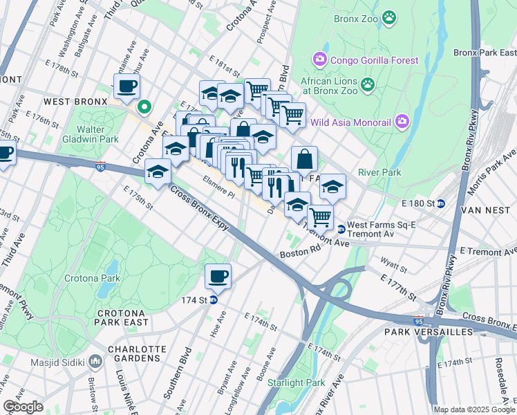 map of restaurants, bars, coffee shops, grocery stores, and more near in The Bronx
