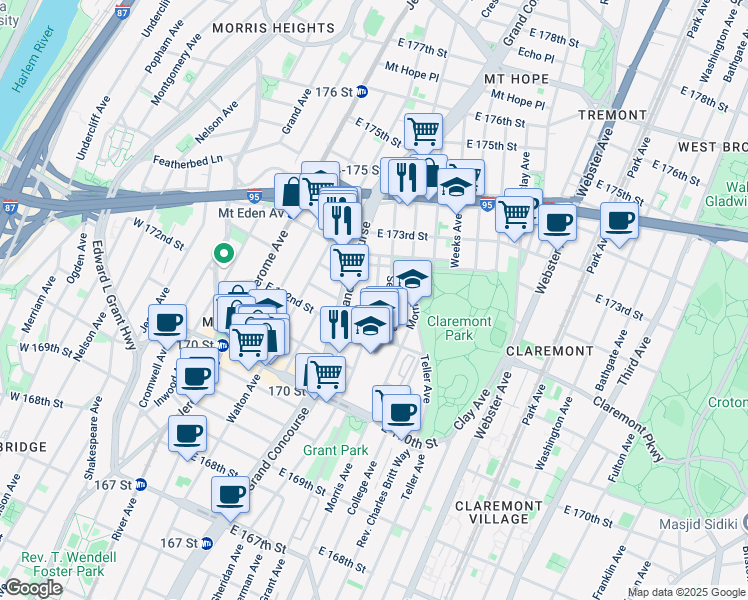 map of restaurants, bars, coffee shops, grocery stores, and more near 1549 Selwyn Avenue in Bronx