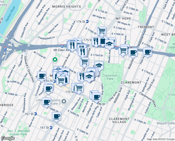map of restaurants, bars, coffee shops, grocery stores, and more near 1549 Selwyn Avenue in Bronx
