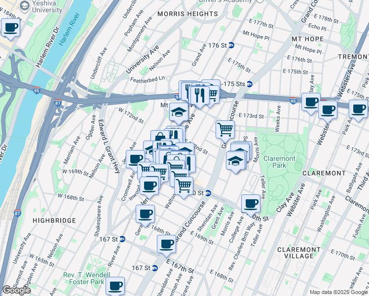 map of restaurants, bars, coffee shops, grocery stores, and more near in The Bronx
