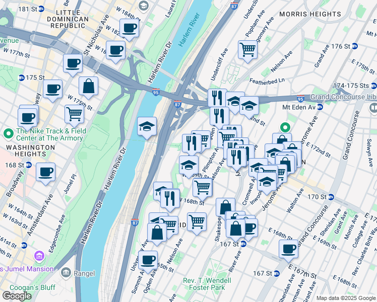 map of restaurants, bars, coffee shops, grocery stores, and more near in The Bronx