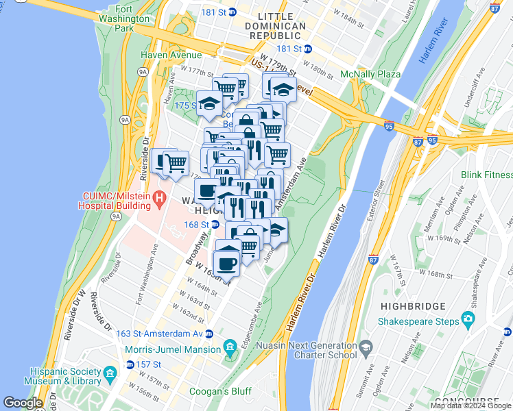 map of restaurants, bars, coffee shops, grocery stores, and more near 508 West 171st Street in New York