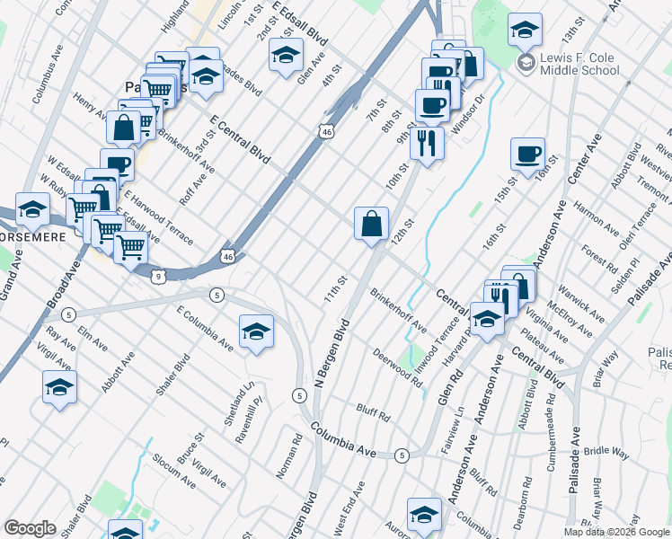 map of restaurants, bars, coffee shops, grocery stores, and more near 316A Brinkerhoff Avenue in Palisades Park