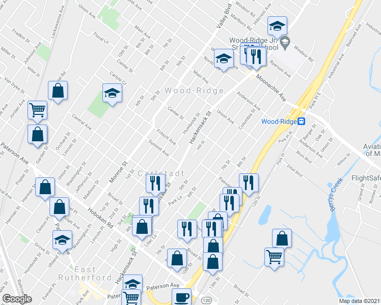 map of restaurants, bars, coffee shops, grocery stores, and more near 6 Hackensack Street in Wood-Ridge