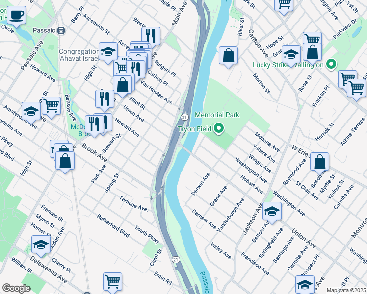 map of restaurants, bars, coffee shops, grocery stores, and more near Union Avenue in Rutherford