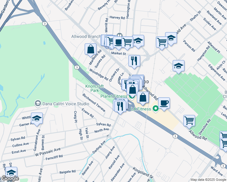 map of restaurants, bars, coffee shops, grocery stores, and more near 80 Orchard Drive in Clifton