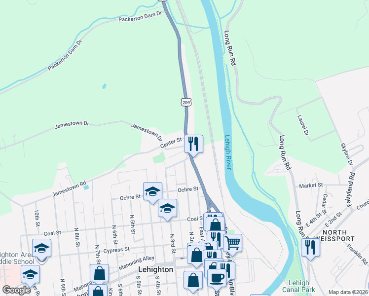 map of restaurants, bars, coffee shops, grocery stores, and more near 601-611 North 1st Street in Lehighton