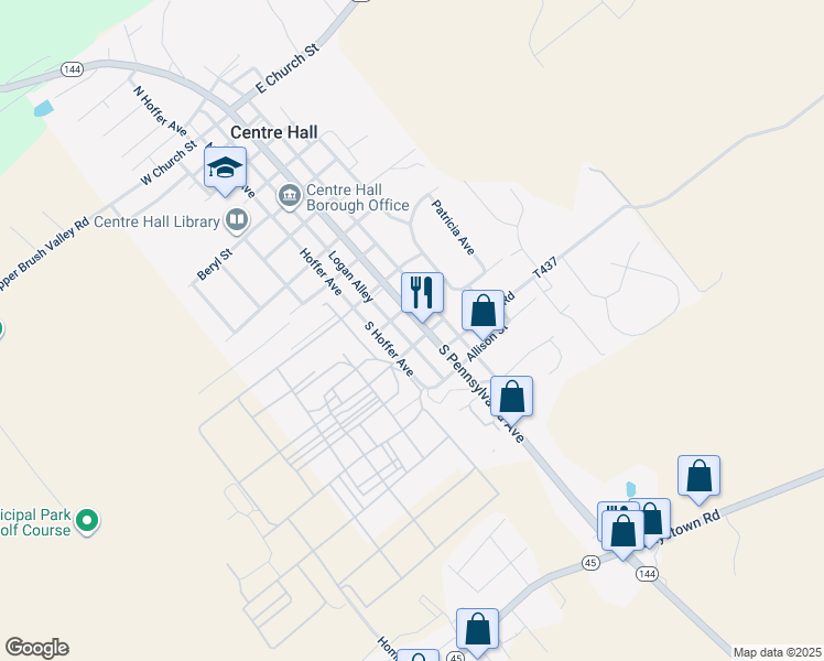 map of restaurants, bars, coffee shops, grocery stores, and more near 231-233 South Pennsylvania Avenue in Centre Hall