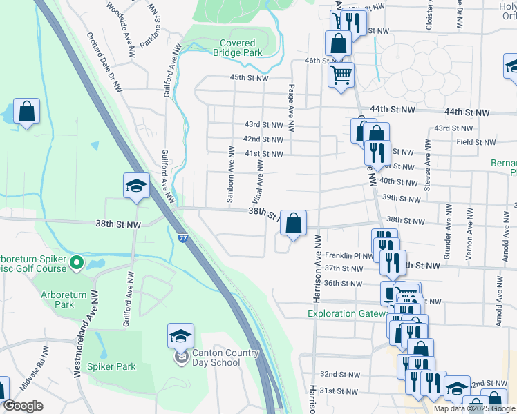 map of restaurants, bars, coffee shops, grocery stores, and more near 3807 Vinal Avenue Northwest in Canton