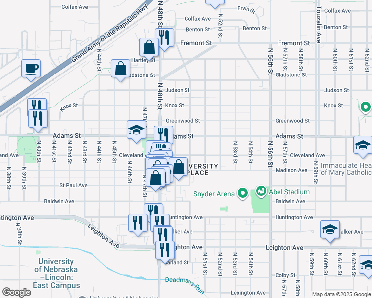 map of restaurants, bars, coffee shops, grocery stores, and more near 2932 North 50th Street in Lincoln