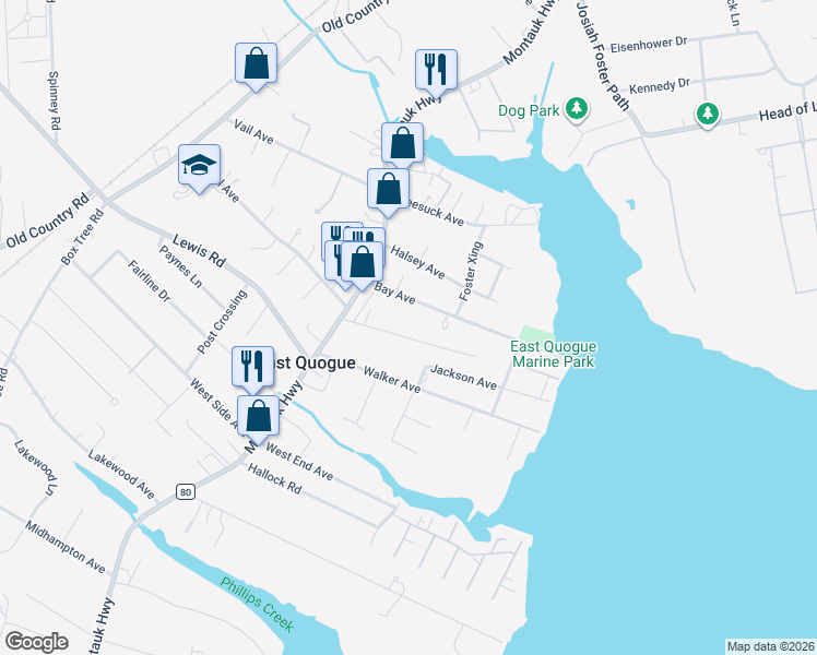map of restaurants, bars, coffee shops, grocery stores, and more near 12 Bay Avenue in East Quogue