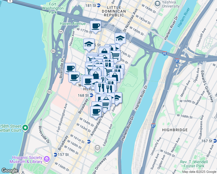 map of restaurants, bars, coffee shops, grocery stores, and more near 508 West 171st Street in New York