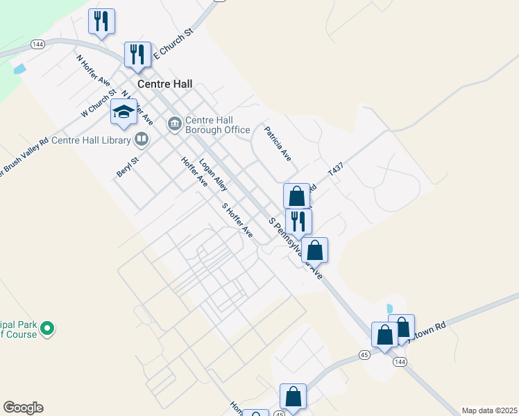 map of restaurants, bars, coffee shops, grocery stores, and more near 233 South Pennsylvania Avenue in Centre Hall