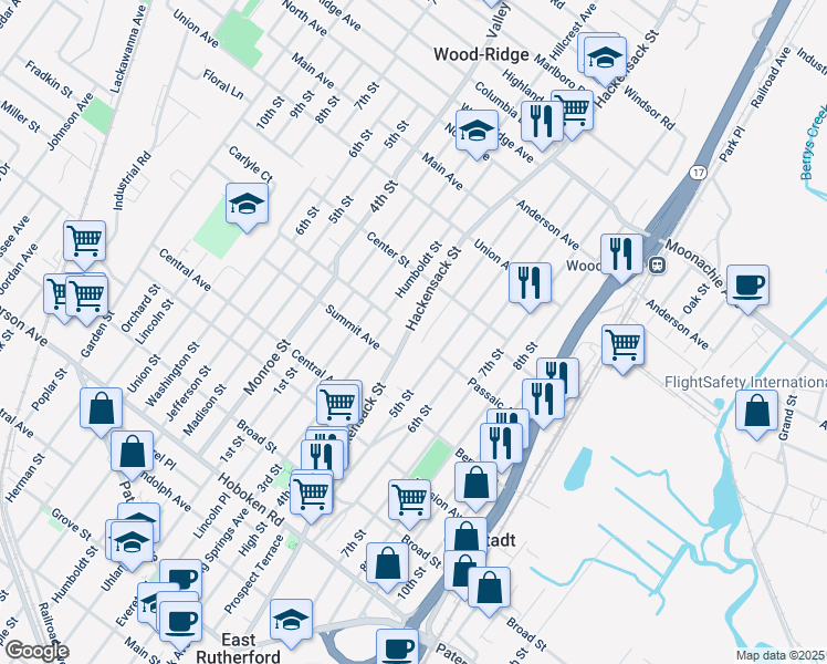 map of restaurants, bars, coffee shops, grocery stores, and more near 2 Hackensack Street in Wood-Ridge