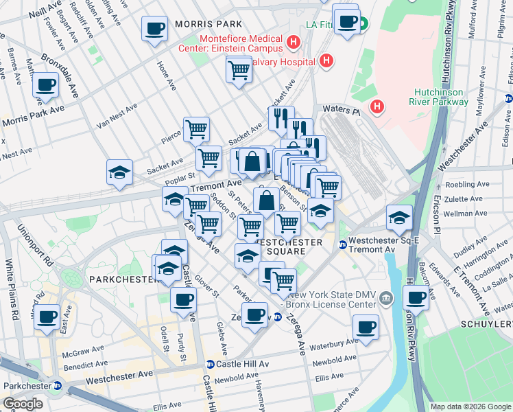 map of restaurants, bars, coffee shops, grocery stores, and more near 2522 Maclay Avenue in Bronx