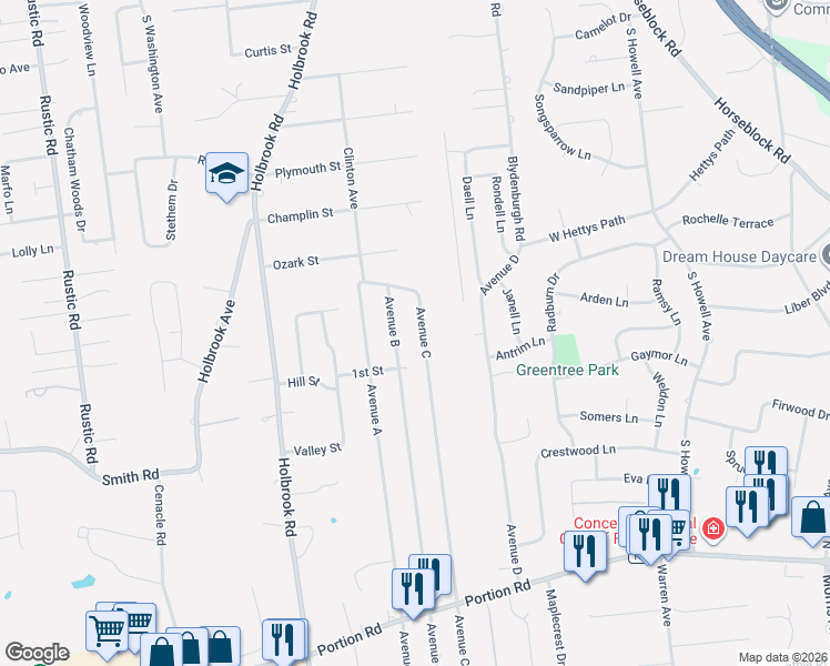 map of restaurants, bars, coffee shops, grocery stores, and more near 346 Avenue C in Ronkonkoma