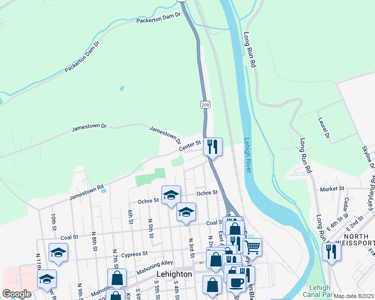 map of restaurants, bars, coffee shops, grocery stores, and more near 148 Jamestown Street in Lehighton