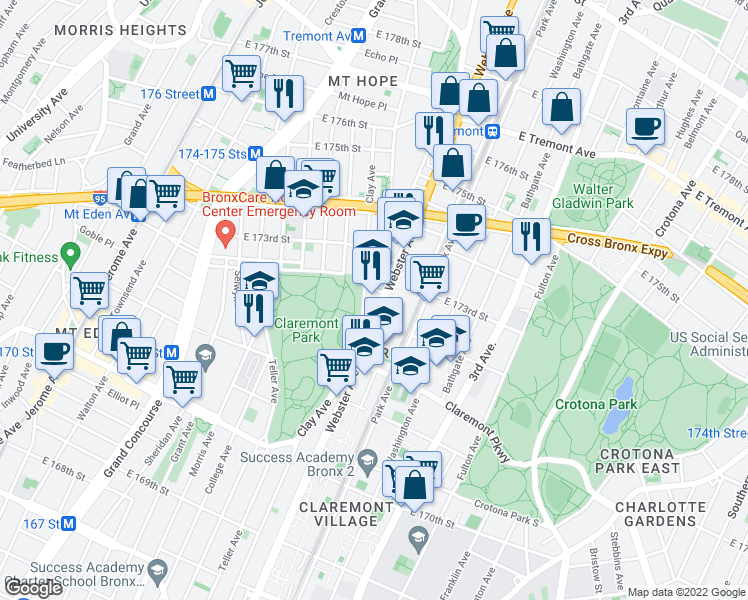 map of restaurants, bars, coffee shops, grocery stores, and more near 1625 Webster Ave in Bronx
