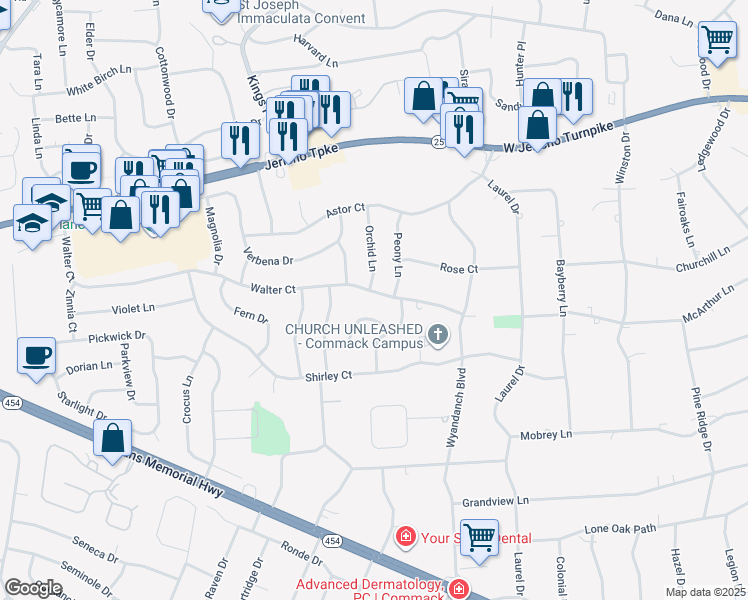 map of restaurants, bars, coffee shops, grocery stores, and more near 88 Walter Court in Commack