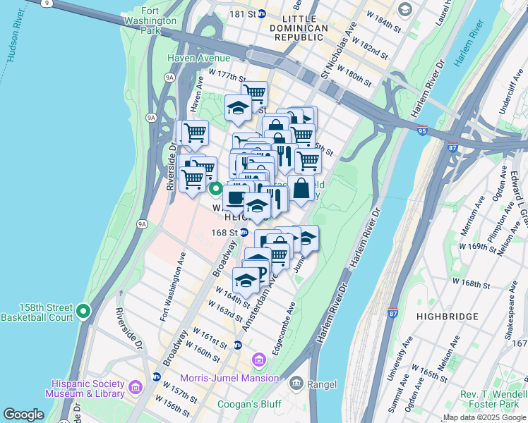 map of restaurants, bars, coffee shops, grocery stores, and more near 560 West 170th Street in New York