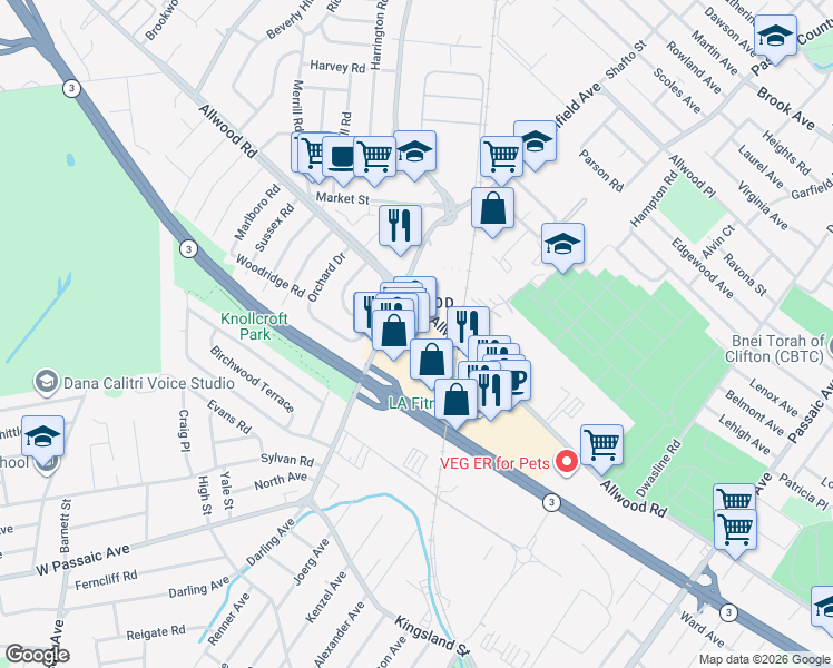 map of restaurants, bars, coffee shops, grocery stores, and more near 1053 Bloomfield Avenue in Clifton