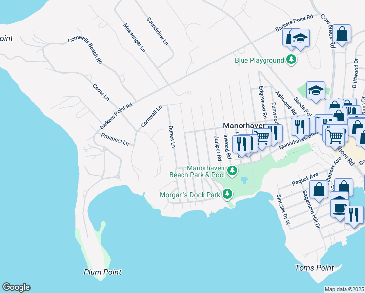map of restaurants, bars, coffee shops, grocery stores, and more near 17 Marwood Road North in Port Washington