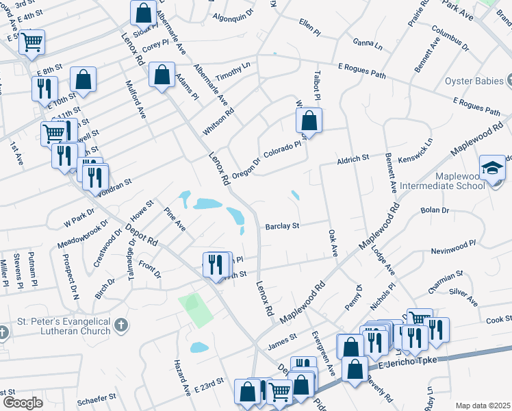map of restaurants, bars, coffee shops, grocery stores, and more near 6 Crabapple Court in Huntington Station